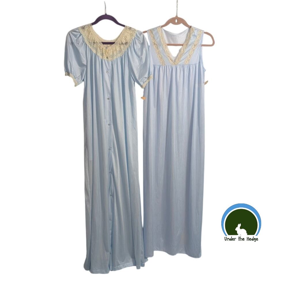 NWD Vtg 60s Gilead 2pc Light Blue Robe + Nightgown Size Small Nylon Peignoir